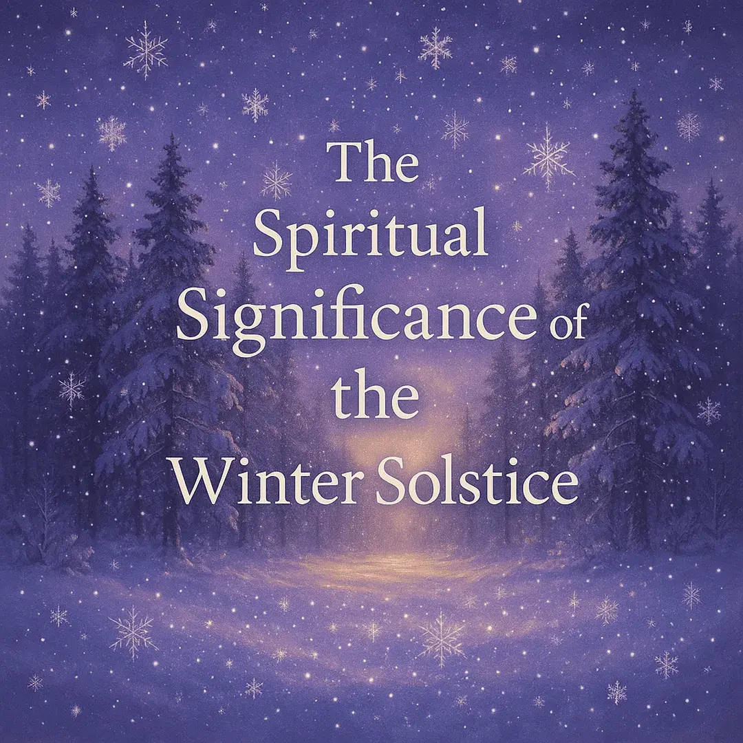 Mystical winter solstice sunrise with sparkling snowflakes and glowing text reading ‘The Spiritual Significance of the Winter Solstice’