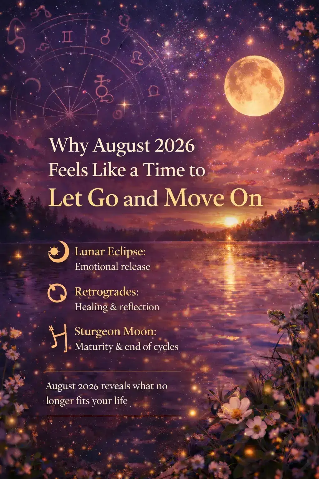 August 2026 astrology with Sturgeon Moon over water representing letting go, emotional release, and life transitions
