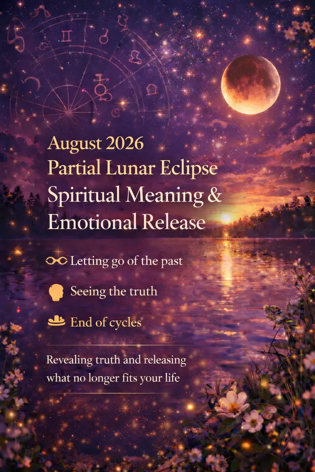 August 2026 partial lunar eclipse over water at sunset representing emotional release, truth, and the end of cycles