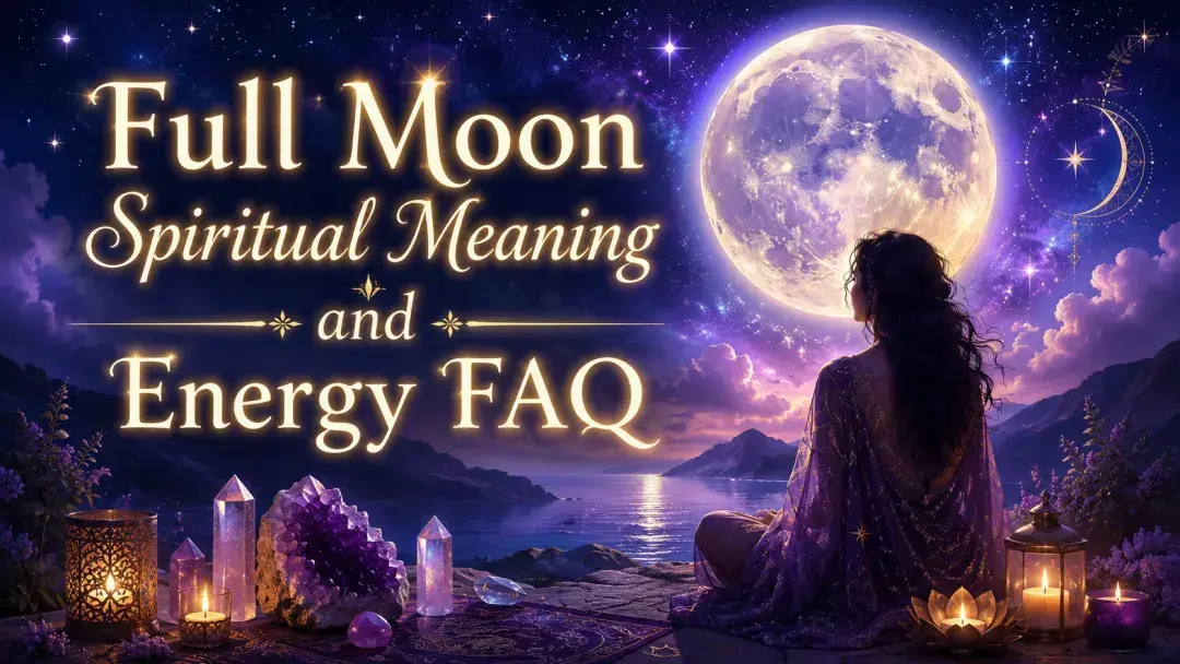 Woman sitting beneath a glowing full moon with crystals and candles beside the water, with the words Full Moon Spiritual Meaning and Energy FAQ.