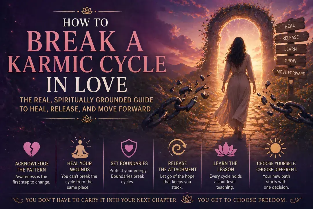 A woman walking toward a glowing doorway while broken chains fall away behind her, symbolizing healing, release, and breaking free from a karmic relationship cycle.