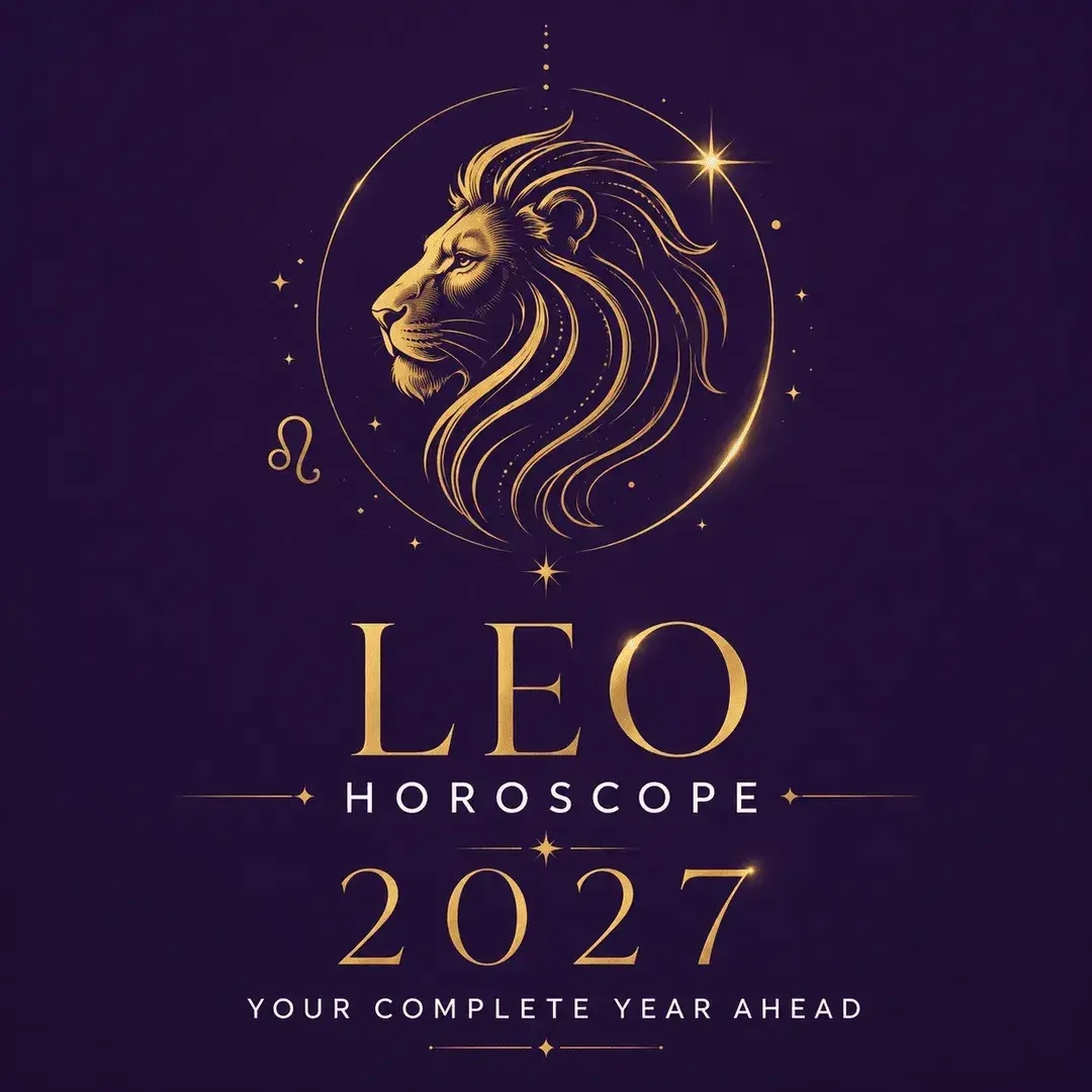 Gold Leo lion and zodiac symbol on a dark violet background with “Leo Horoscope 2027: Your Complete Year Ahead.”
