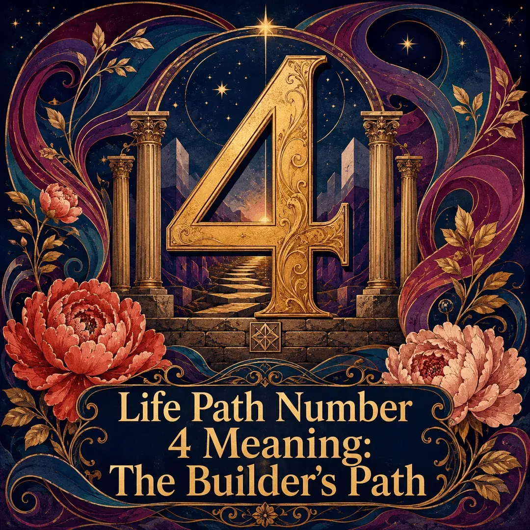 Golden number 4 framed by pillars, peonies, stars, and jewel-toned swirls.