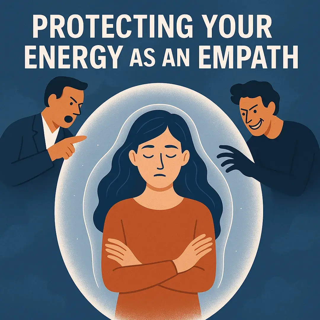 Protecting your energy as an empath – digital illustration of a woman in a glowing protective bubble shielding herself from negative people, symbolizing empathic psychic energy protection and boundary setting.