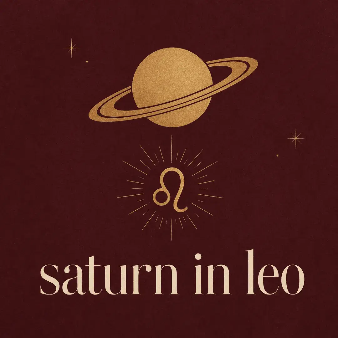 Gold Saturn and Leo symbols on a burgundy background with the words Saturn in Leo.