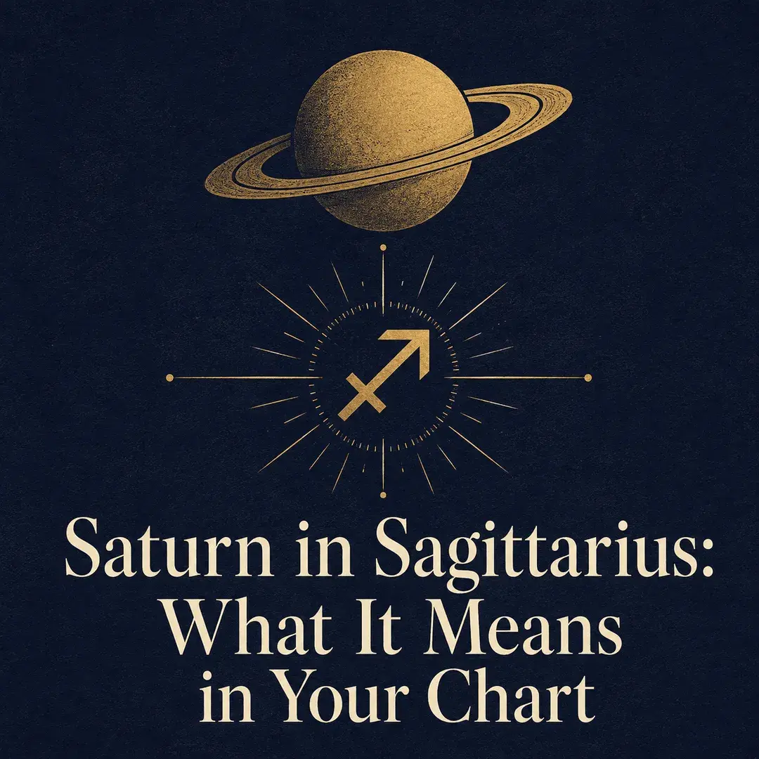 Gold Saturn and Sagittarius symbol on a deep indigo background.