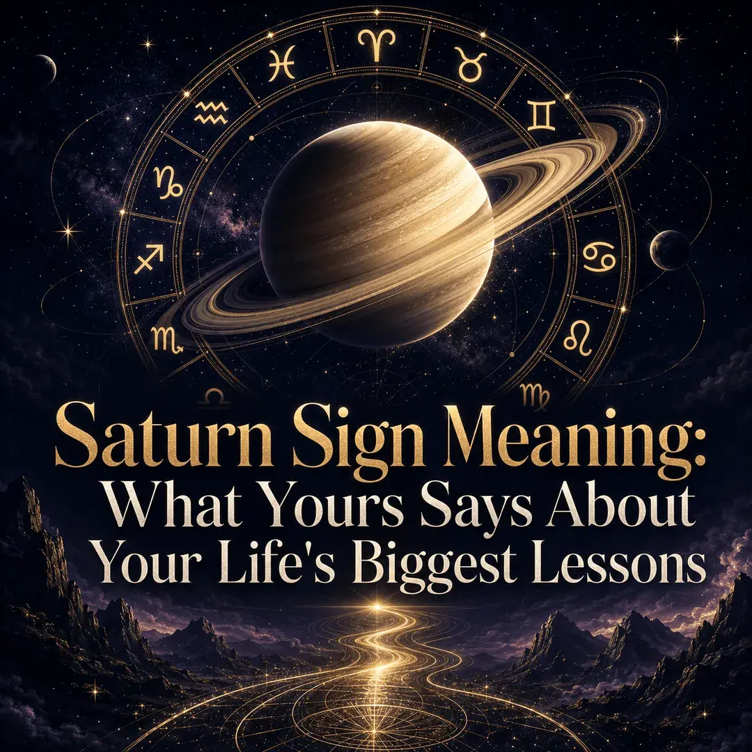 Saturn encircled by golden zodiac symbols above a glowing path through dark mountains.