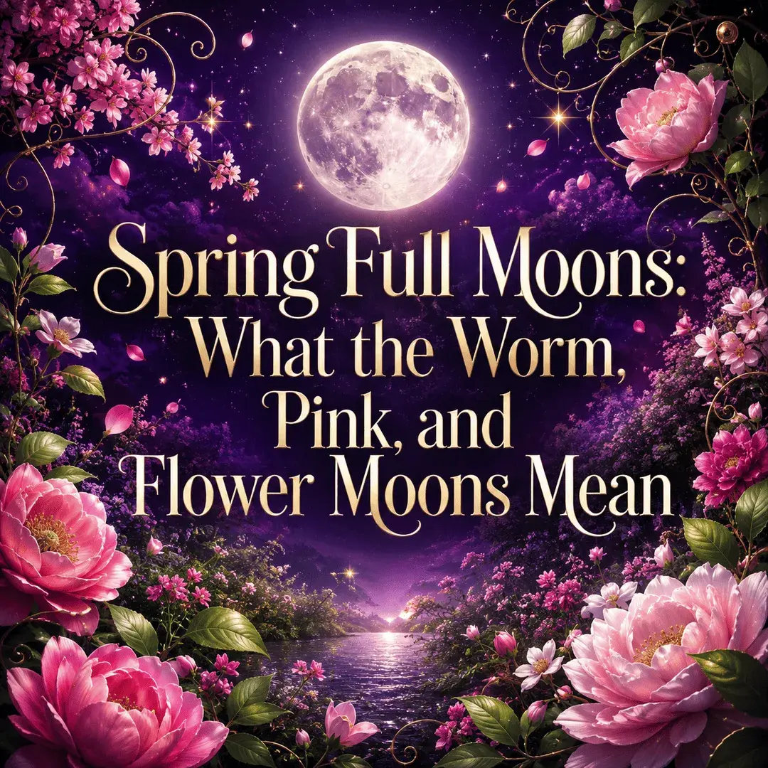 Spring full moon glowing above a colorful garden of pink flowers.