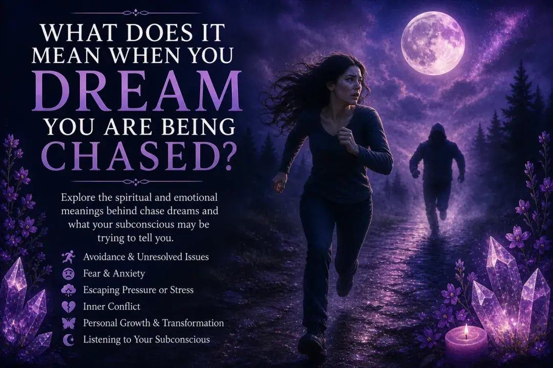 Dream interpretation image showing a woman being chased on a moonlit path with purple flowers, glowing crystals, and title text.