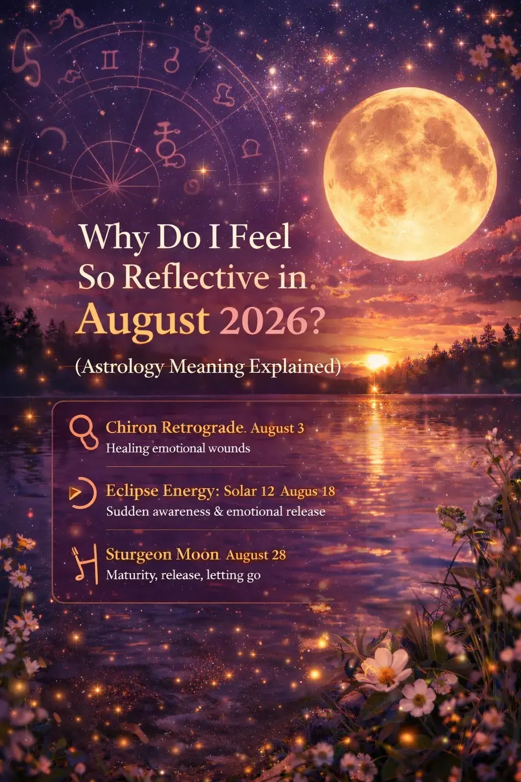 Reflective August 2026 astrology image with Sturgeon Moon over a lake at sunset symbolizing healing, eclipse energy, and emotional release