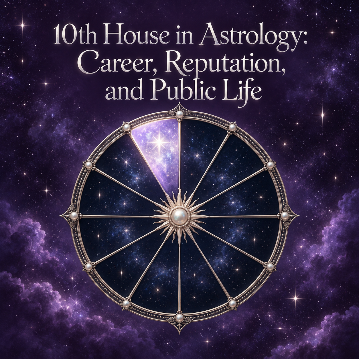 Celestial astrology wheel with the tenth house illuminated against a violet starry sky.