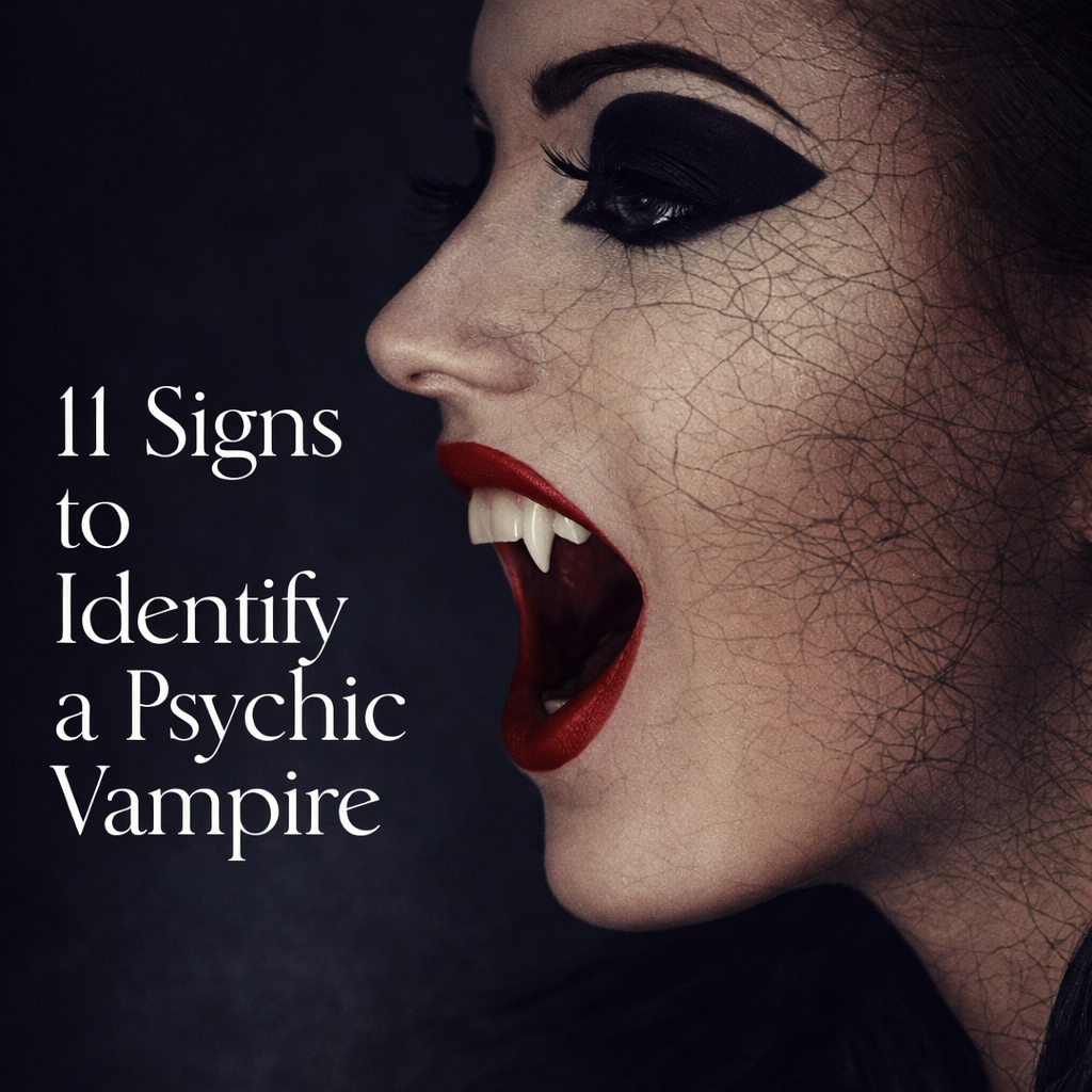 11 signs of a psychic vampire illustrated by a woman with vampire fangs representing energy draining behavior