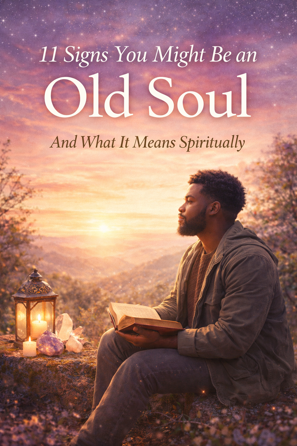 man reflecting with crystals and candle representing signs of an old soul