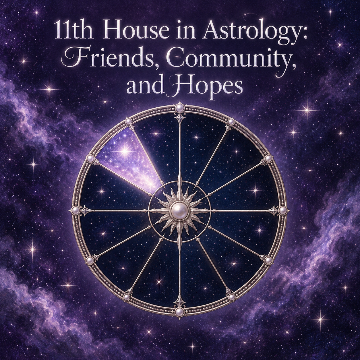 Celestial astrology wheel with the eleventh house illuminated against a violet starry sky.