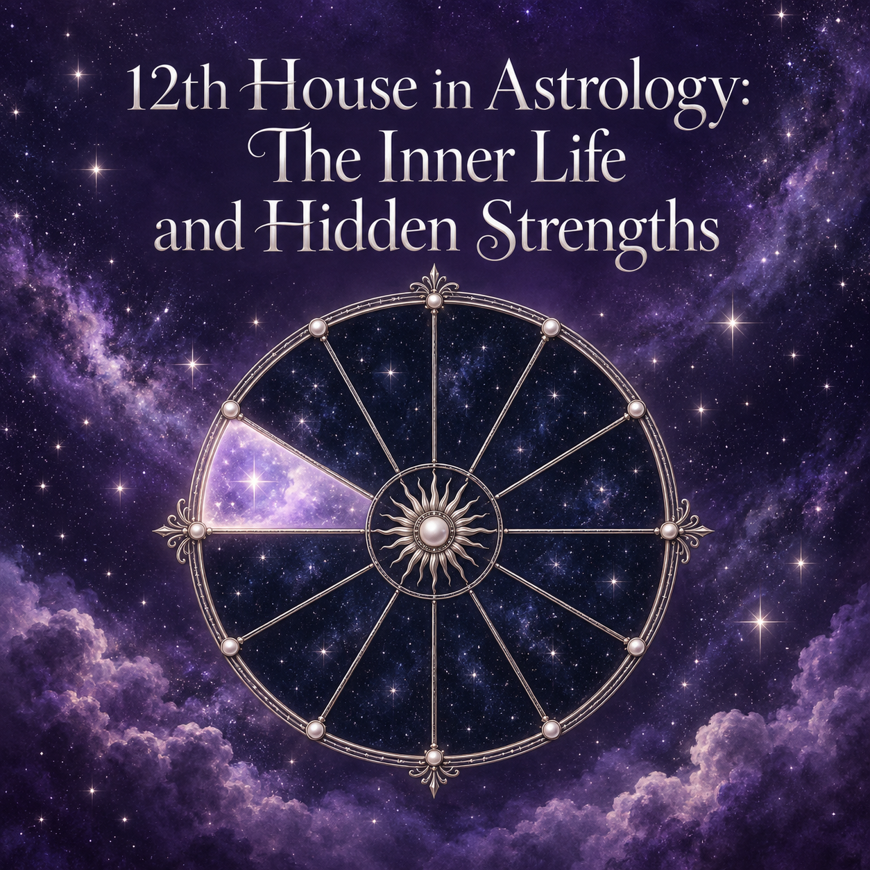 Celestial astrology wheel with the twelfth house illuminated against a violet starry sky.