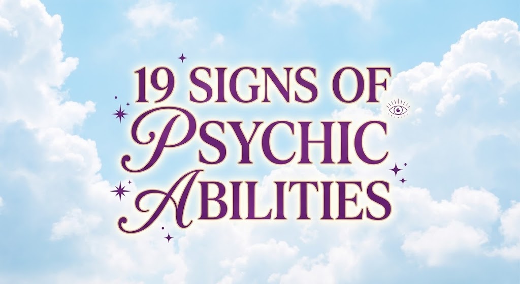 Light blue sky with fluffy clouds with text "19 signs of Psychic Abilities" 