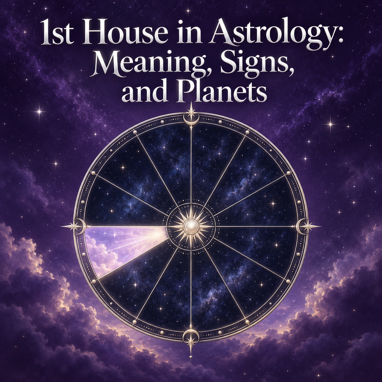 Celestial astrology wheel with the first house illuminated against a violet starry sky.
