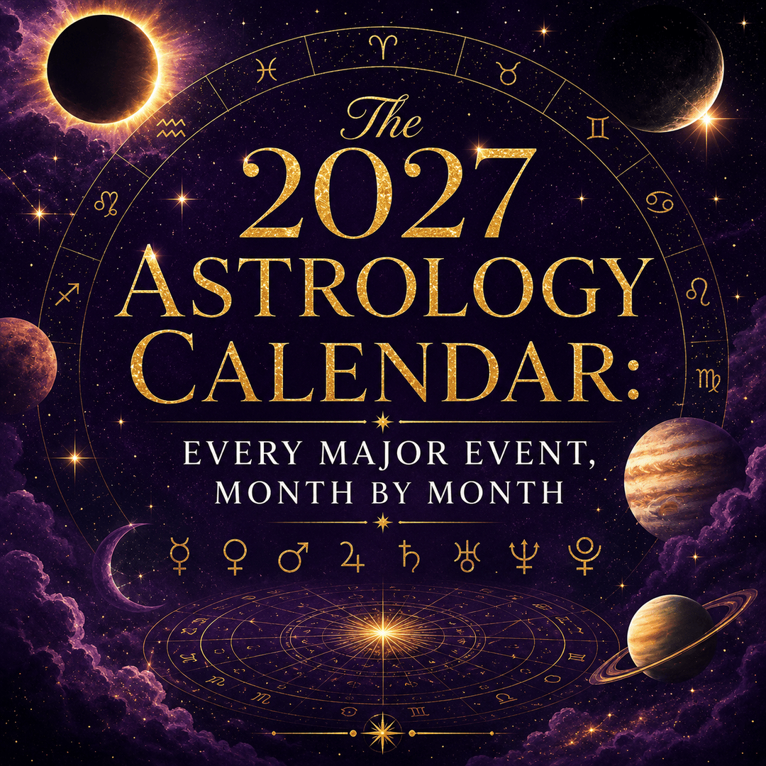 Gold 2027 astrology calendar design with zodiac symbols, planets, and celestial imagery on a deep violet background.