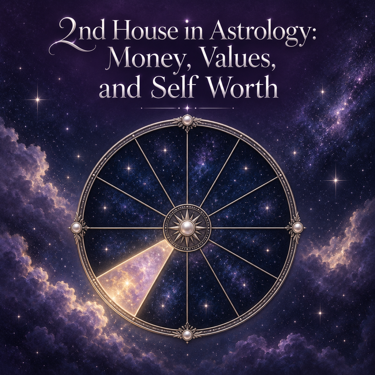 Celestial astrology wheel with the second house illuminated against a violet starry sky.
