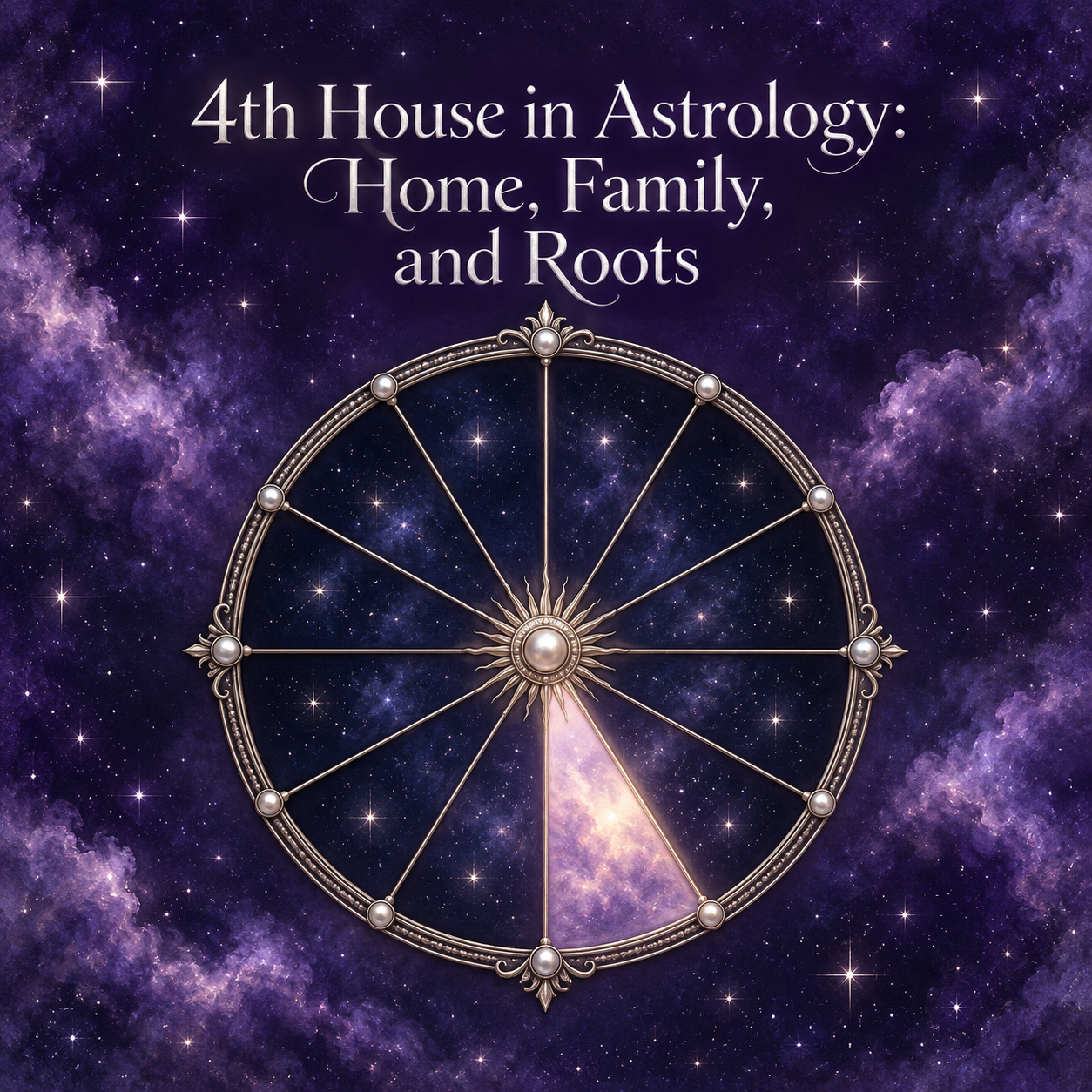 Celestial astrology wheel with the fourth house illuminated against a violet starry sky.