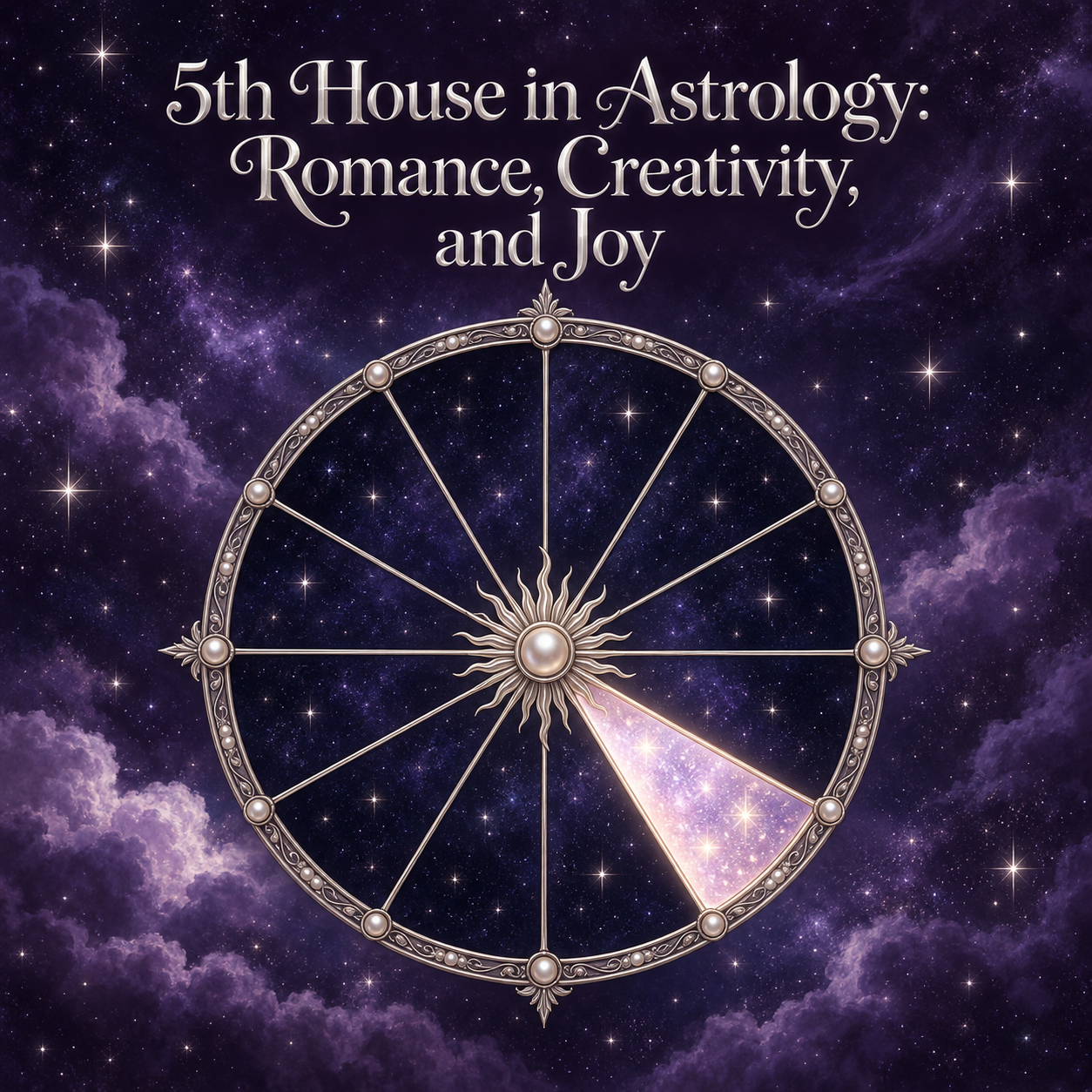 Celestial astrology wheel with the fifth house illuminated against a violet starry sky.