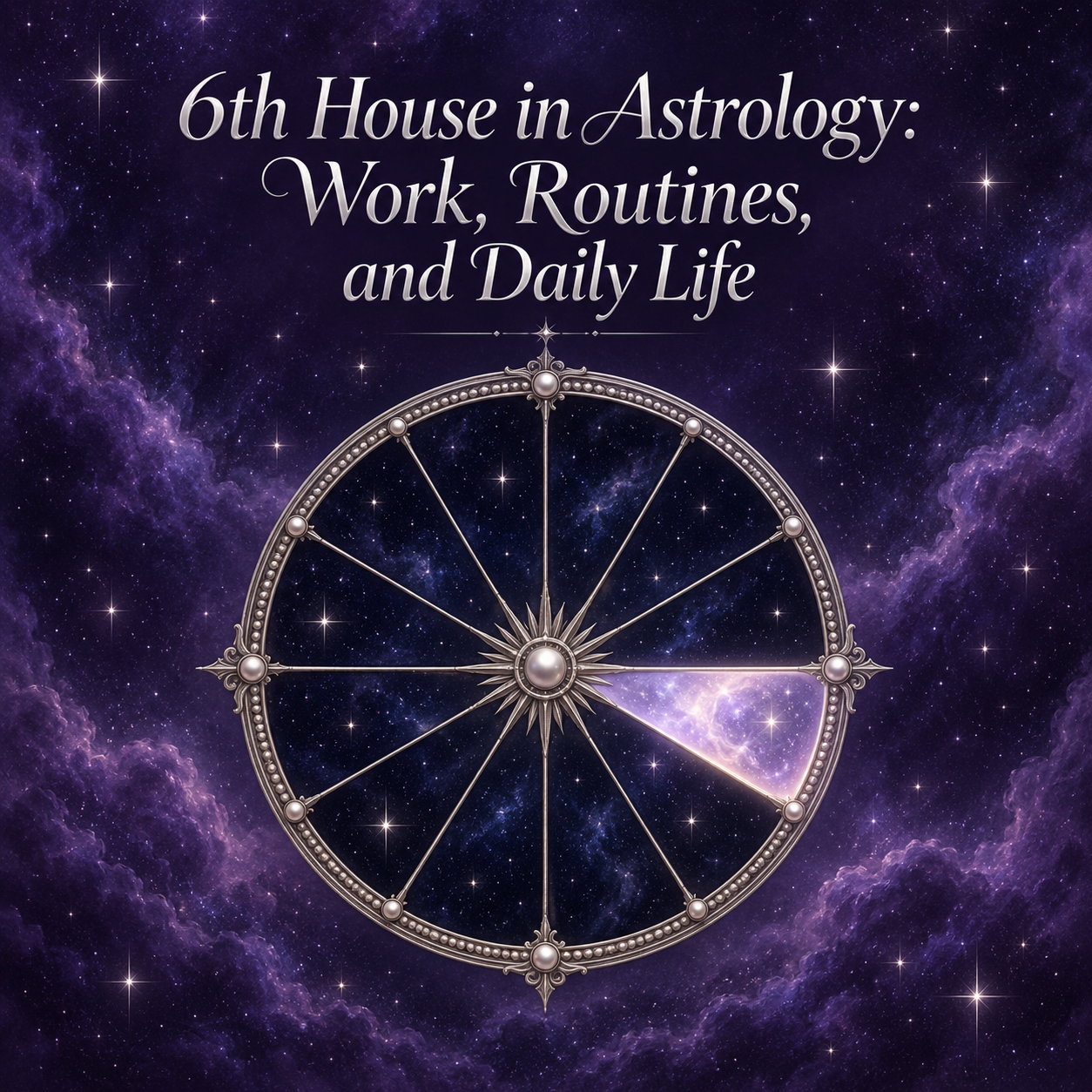Celestial astrology wheel with the sixth house illuminated against a violet starry sky.