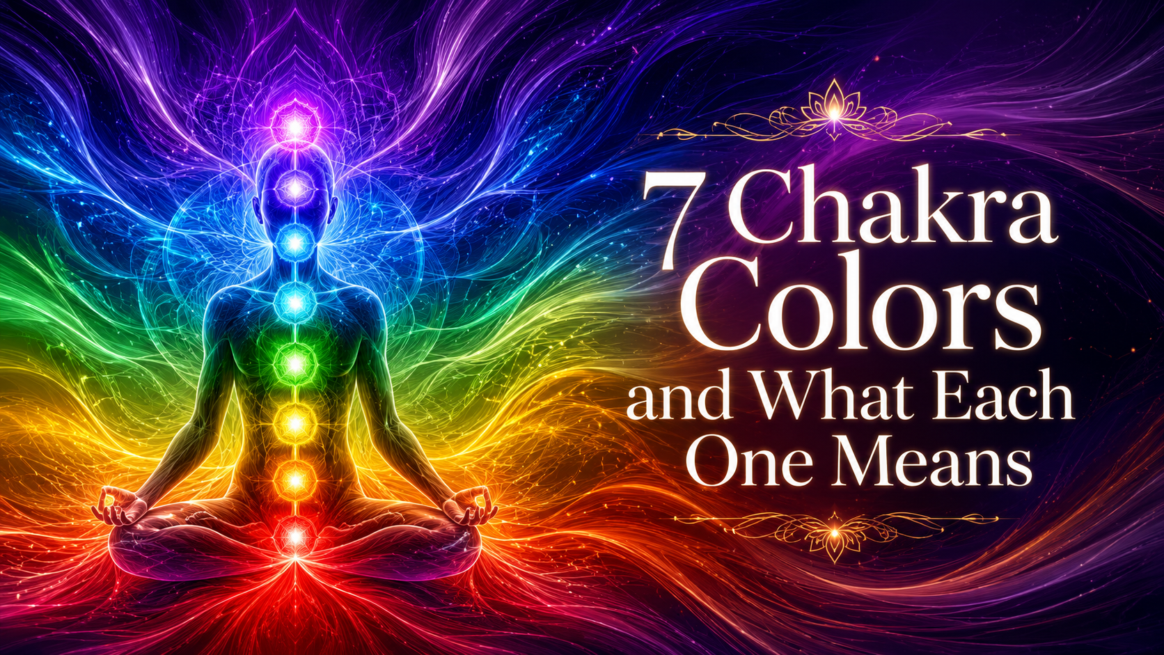 Meditating figure with seven glowing chakra colors from red to violet.