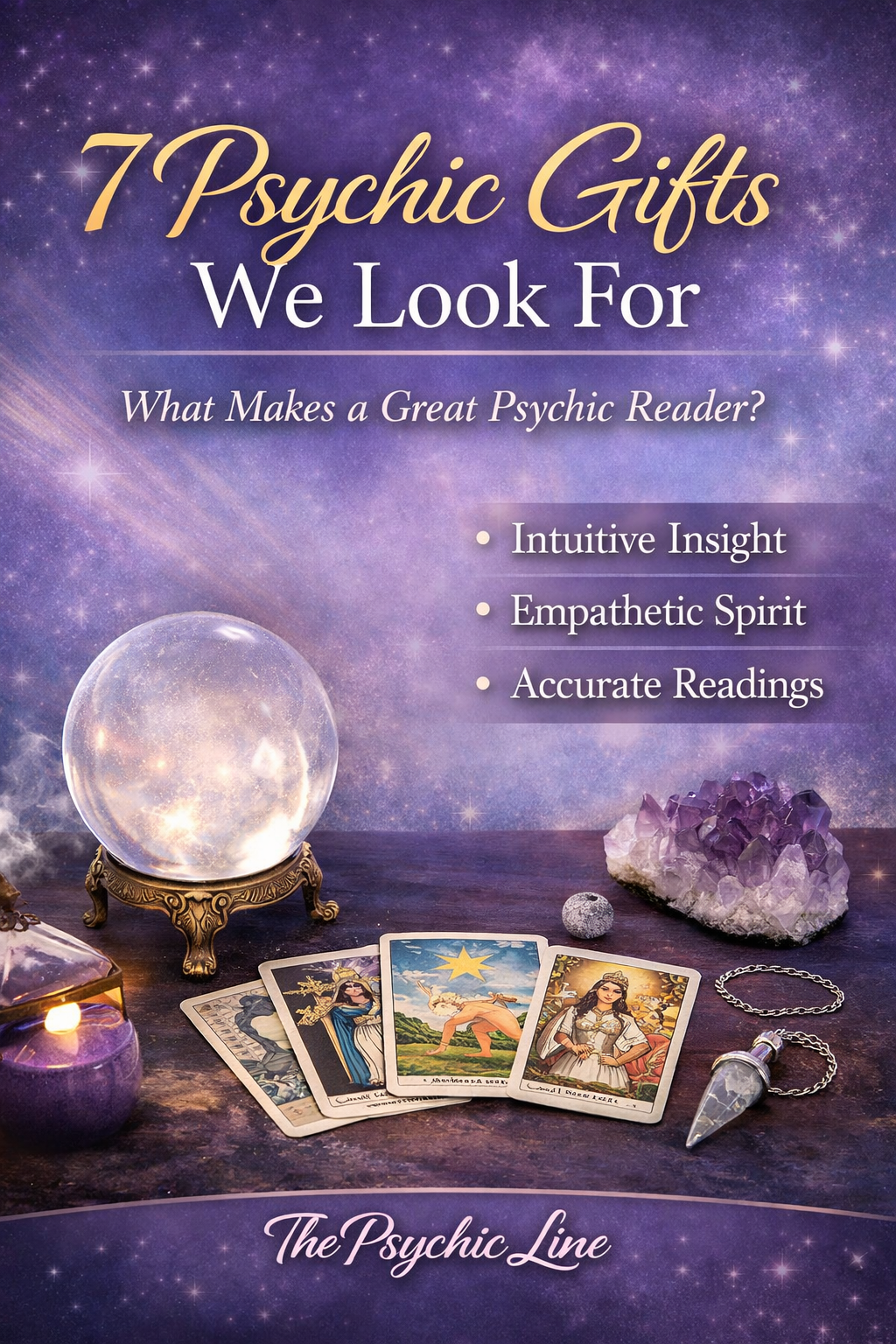 psychic reader traits and gifts including intuition empathy and accuracy shown with tarot cards crystal ball and spiritual tools