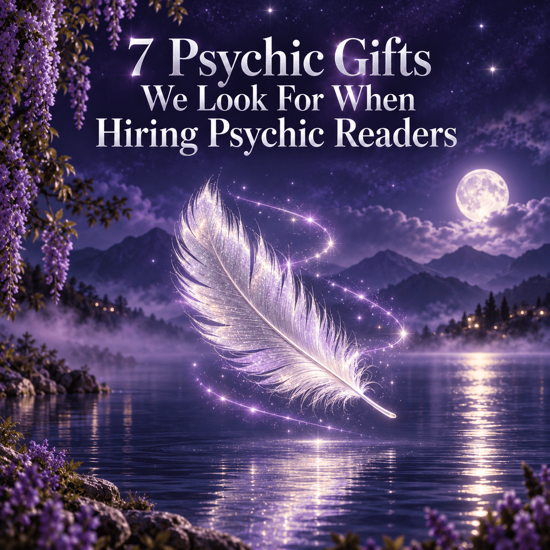 A glowing white feather drifting over a moonlit lake framed by wisteria, representing the gifts of a psychic reader