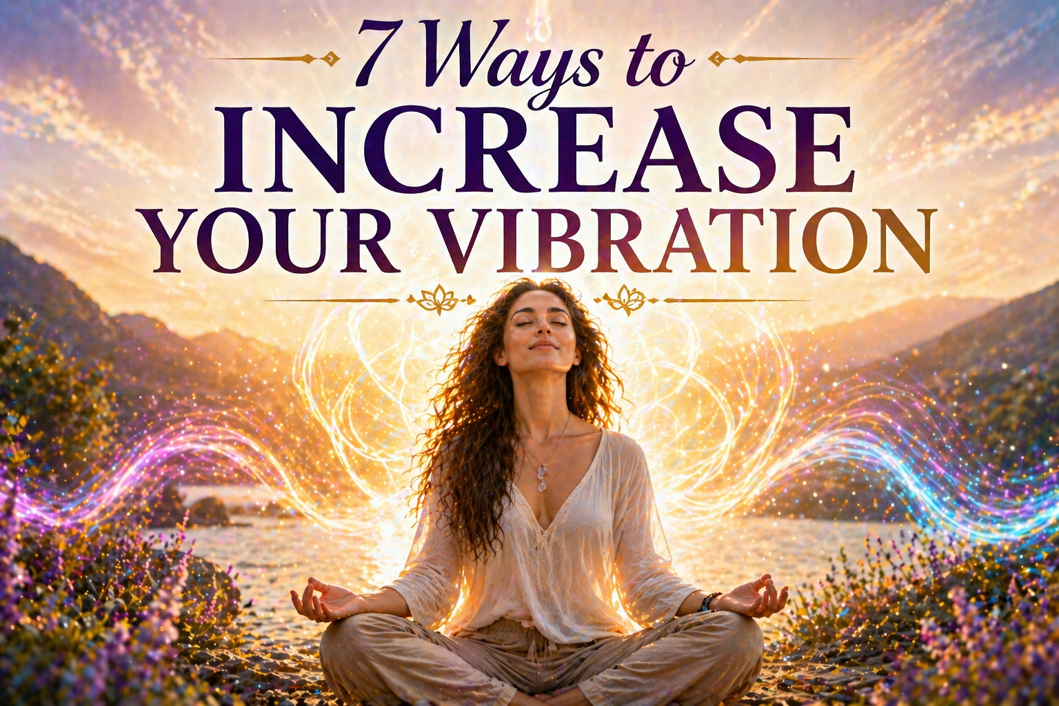 Woman meditating in nature with glowing aura and energy waves, representing raising your vibration and increasing spiritual energy and emotional alignment