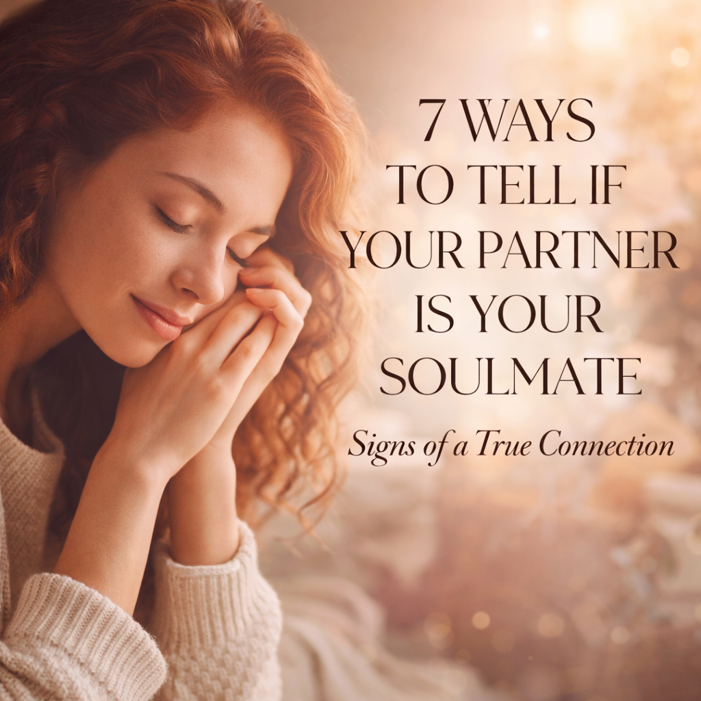 Woman peacefully reflecting on love and connection with text about 7 ways to tell if your partner is your soulmate