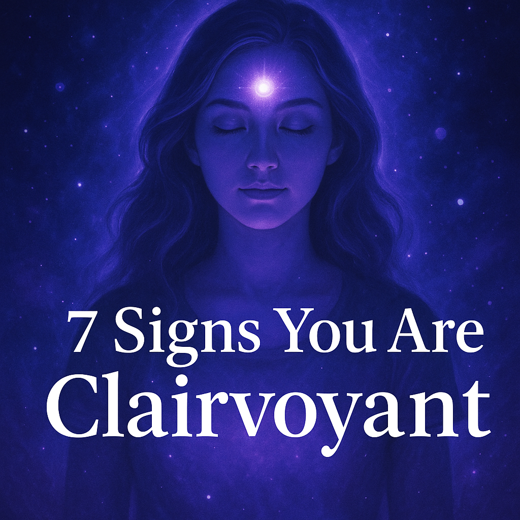 Woman with glowing third eye and violet aura representing clairvoyant energy with white text "7 Signs You Are Clairvoyant"