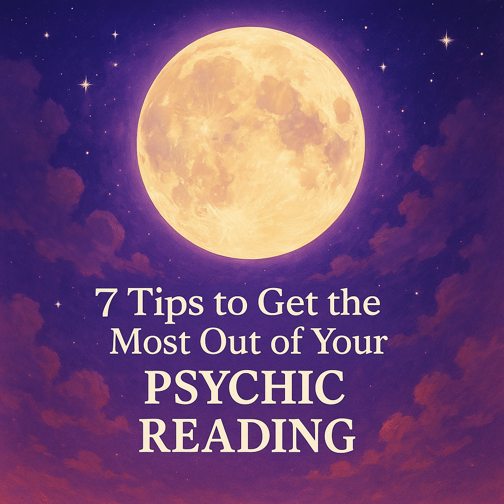 Beautiful illustration of a glowing golden full moon in a purple night sky with swirling clouds, featuring the text “7 Tips to Get the Most Out of Your Psychic Reading.”
