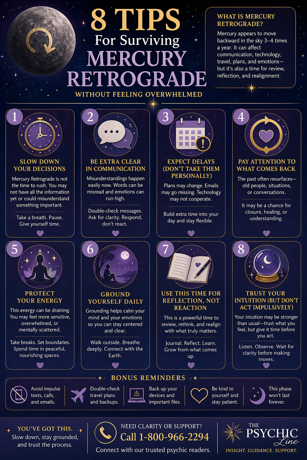 Mercury Retrograde survival tips infographic showing 8 ways to handle communication issues, emotional stress, and stay grounded during retrograde