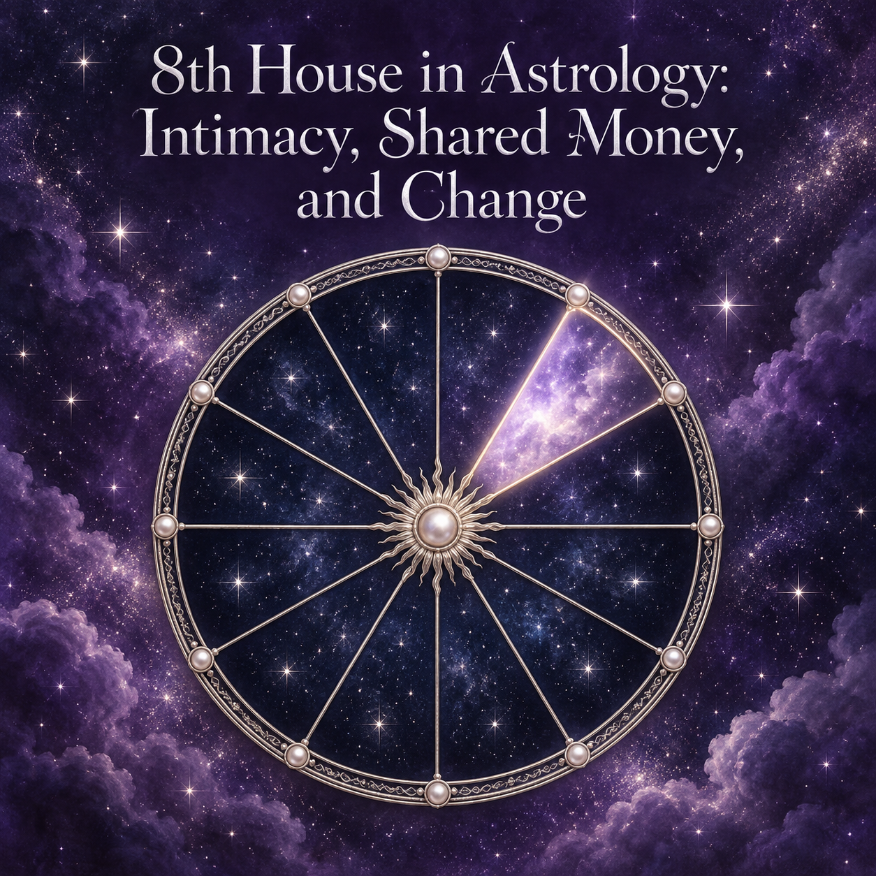 Celestial astrology wheel with the eighth house illuminated against a violet starry sky.