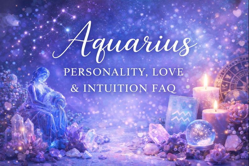 Aquarius zodiac psychic guidance with constellation, crystals, candles, and feminine celestial design focused on love, intuition, and emotional clarity.