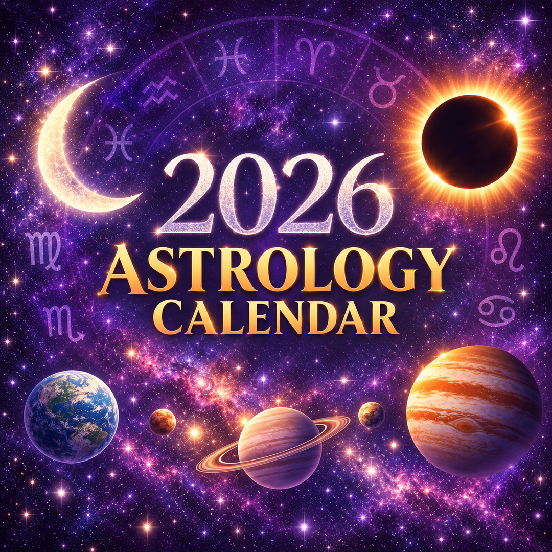 Planets, a crescent moon, and a solar eclipse inside a zodiac wheel on a violet star field, 2026 astrology calendar