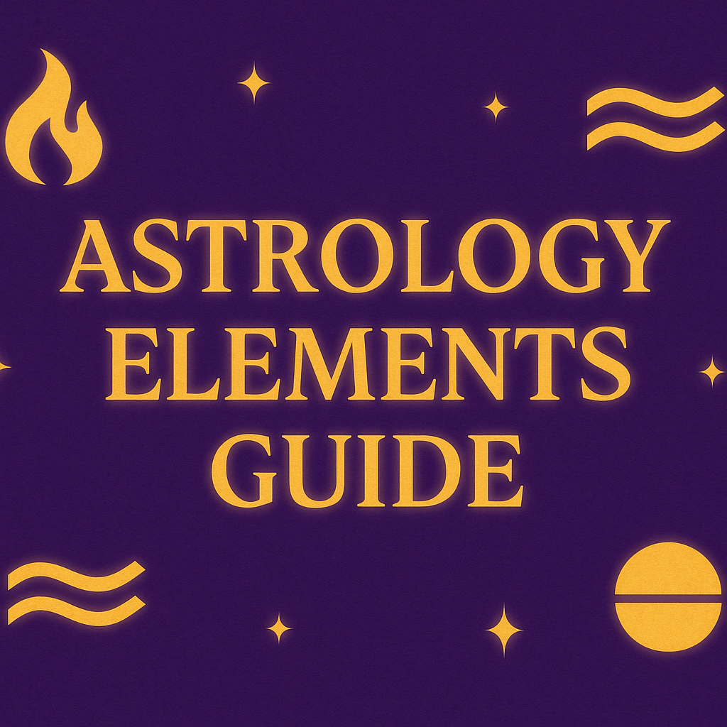 Astrology Elements Guide graphic with golden fire, earth, air, and water symbols on violet background