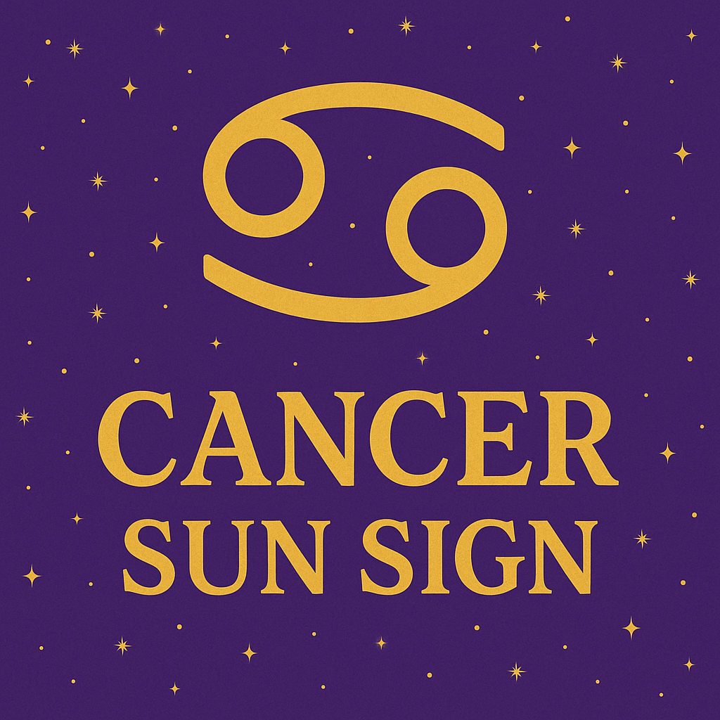 Cancer Sun Sign graphic with golden Cancer symbol and text on violet background with stars