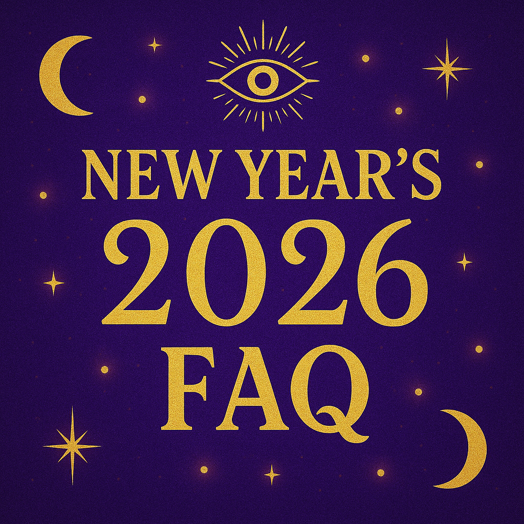 Mystical purple and gold New Year’s 2026 Psychic FAQ image featuring crescent moons, an all-seeing eye, and glowing stars to represent intuition and new beginnings