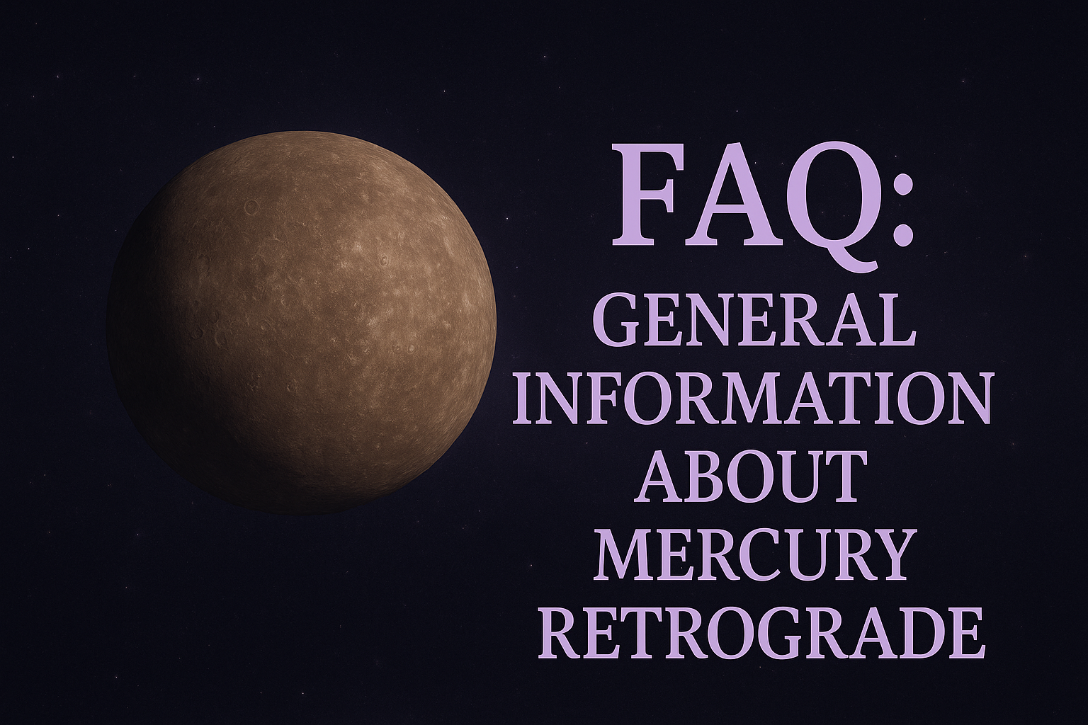Planet Mercury with violet starry background and light purple text reading 'FAQ: General Information About Mercury Retrograde'