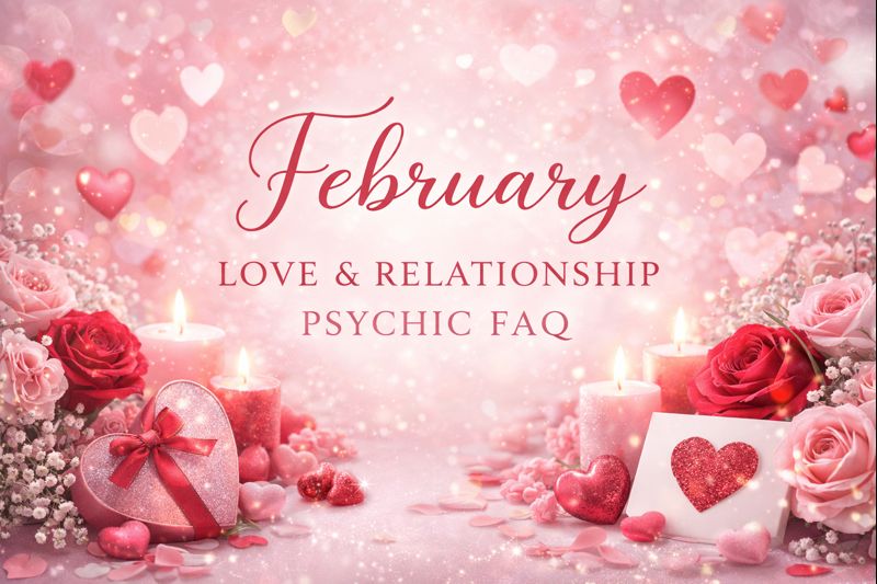 February love and relationship psychic guidance with romantic imagery, candles, roses, and heart symbolism focused on emotional clarity and connection.