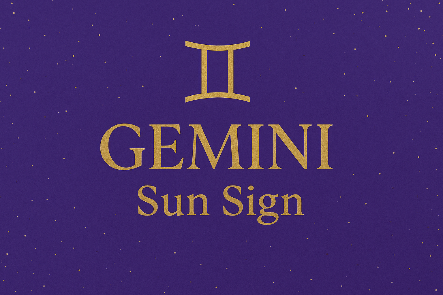 Gemini Sun Sign graphic with golden Gemini symbol and text on violet starry background