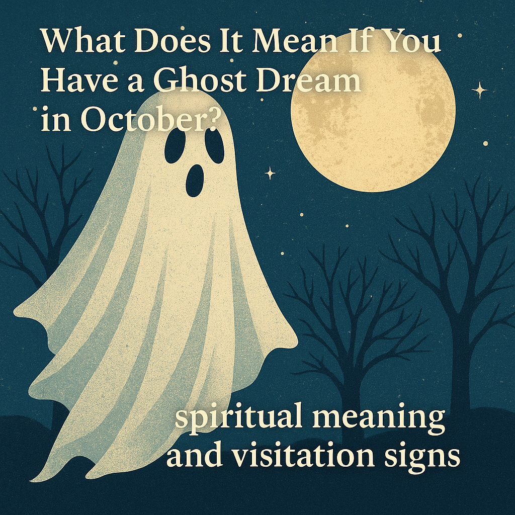 Ghost dream in October illustration – vintage-style image of a floating white ghost under a full moon with leafless trees, featuring the text “What Does It Mean If You Have a Ghost Dream in October? spiritual meaning and visitation signs.”