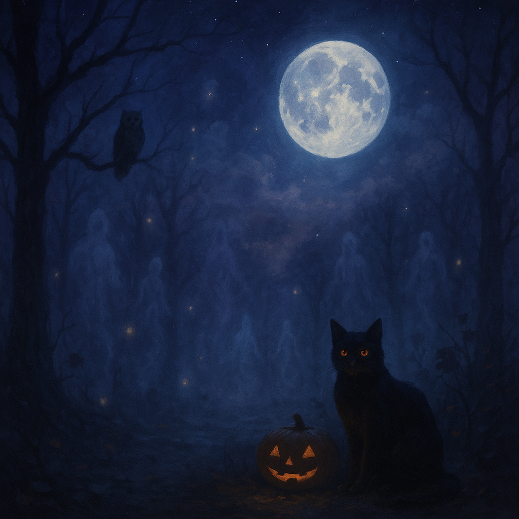 Mystical October night with full moon, glowing orbs, black cat, and spiritual energy in the air—symbolizing the thinning veil between worlds around Halloween.