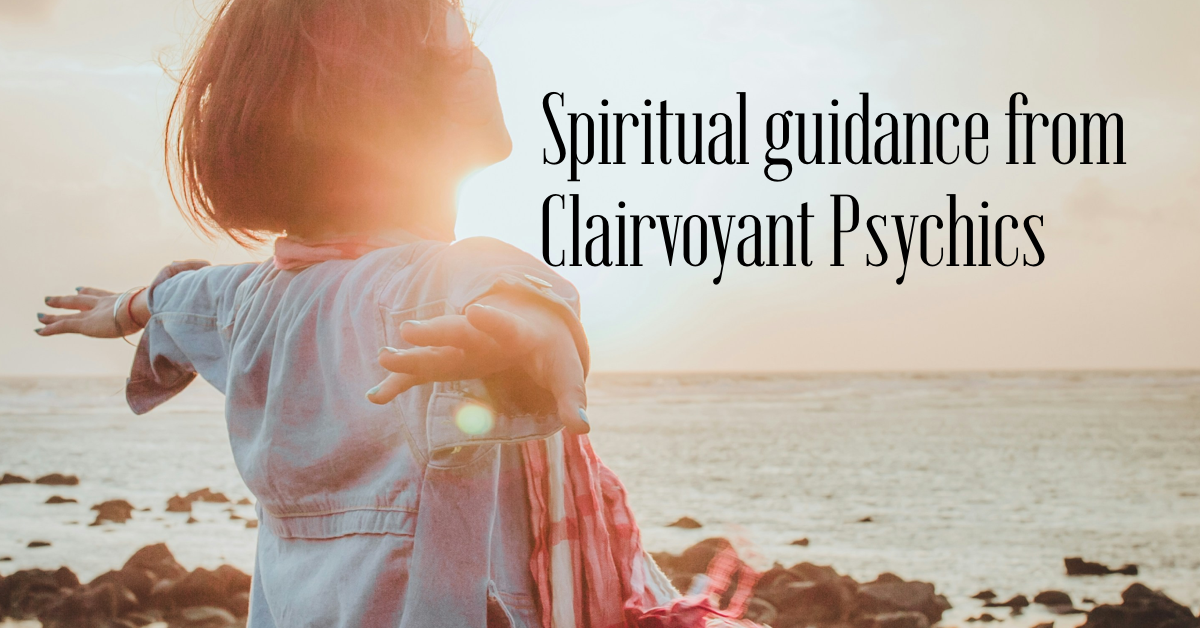 woman looking over the ocean with arms extended text "spiritual guidance by Clairvoyant psychics"