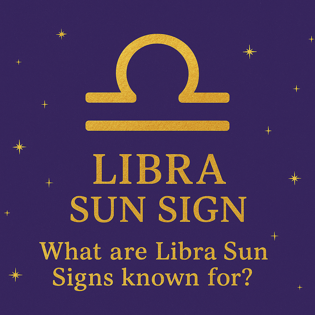 Libra Sun Sign graphic with golden Libra symbol and text on violet background with stars