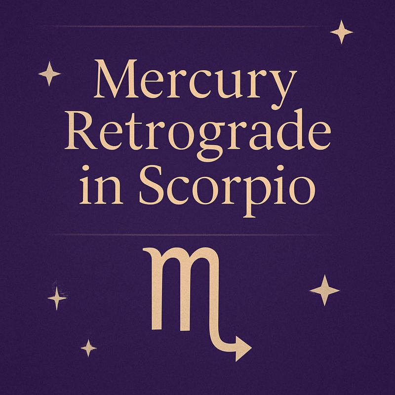 Purple Mercury Retrograde in Scorpio graphic with Scorpio symbol