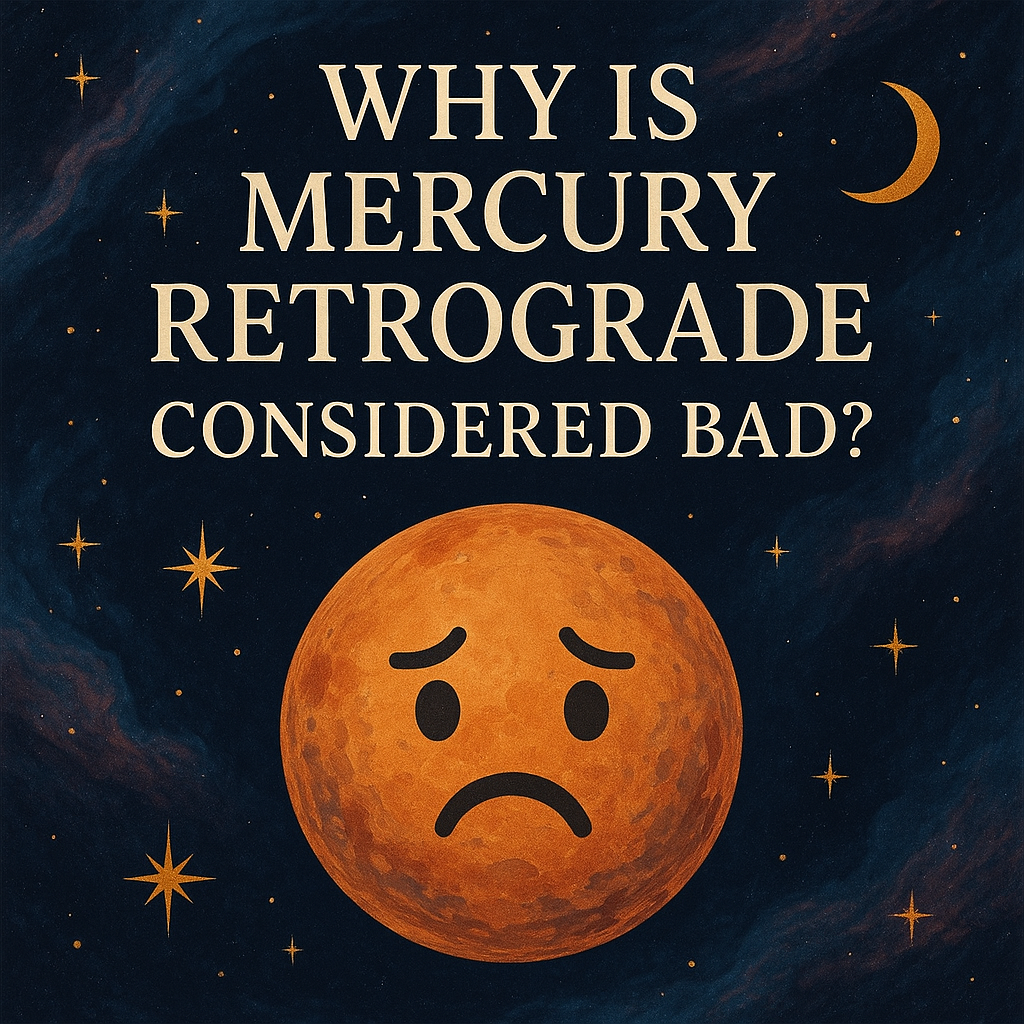 Planet Mercury with a sad face under a starry sky, symbolizing the challenges and chaos of Mercury Retrograde.