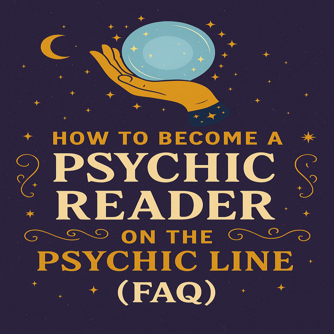 Violet and gold graphic with crystal ball and stars promoting The Psychic Line psychic reader FAQ